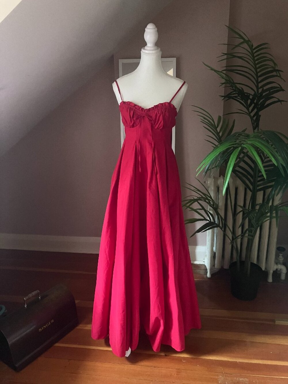Red ruched sweetheart neckline sweeping floor length long dress evening gown
